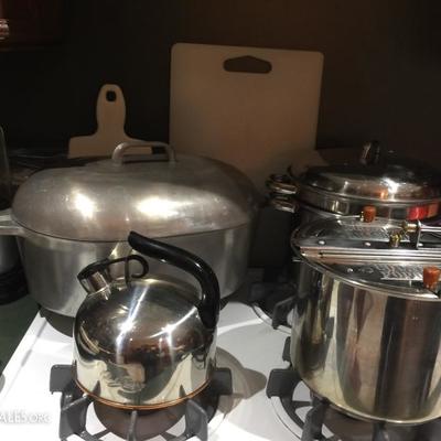Large Magnalite roaster, Popcorn pan, Reverware tea kettle