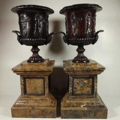 PAIR MAITLAND SMITH BRONZE URNS WITH MARBLE BASES