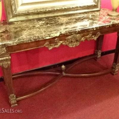 MARBLE AND GILT WOOD CONSOLE TABLE WITH 2 INCH THICK MARBLE TOP