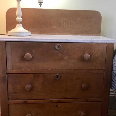 Victorian three drawer pine wash stand with marble top 2'6