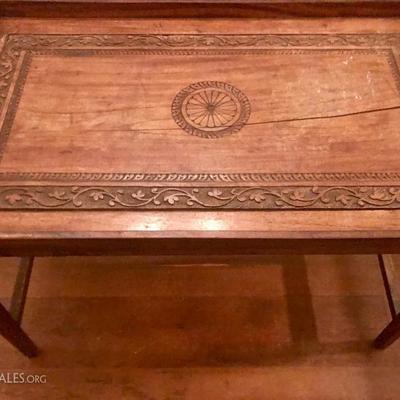 
Hand crafted tray top table with rustic elements. 