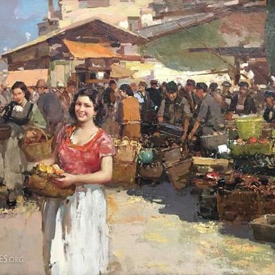 Fine Oil Painting, Italian Market Scene, Artist Unknown.