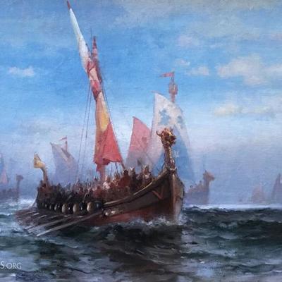 Edward Moran Fine Oil Painting of Viking Ships.