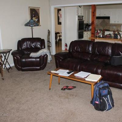 Leather sofa, leather recliner, coffee table