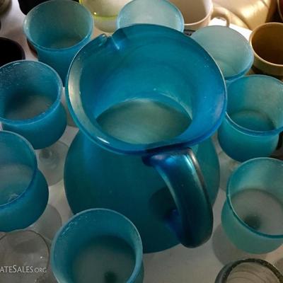 Turquoise glass pitcher with set of 8 matching glasses