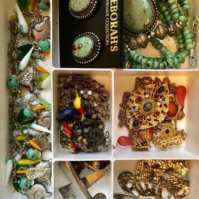 Vintage bohemian jewelry -- assorted earrings (clips and pierced), brooches, necklaces, statement pieces, bracelets and rings