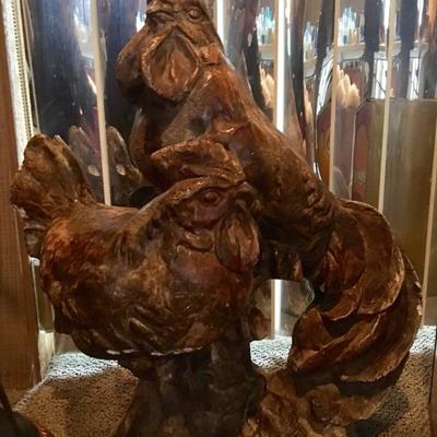 Home decor items and carved wood rooster