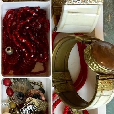 Vintage bohemian jewelry -- assorted earrings (clips and pierced), brooches, necklaces, statement pieces, bracelets and rings