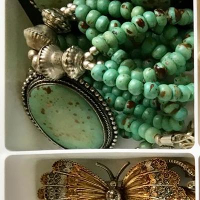 Vintage southwest and bohemian jewelry -- assorted earrings (clips and pierced), brooches, necklaces, statement pieces, bracelets and rings