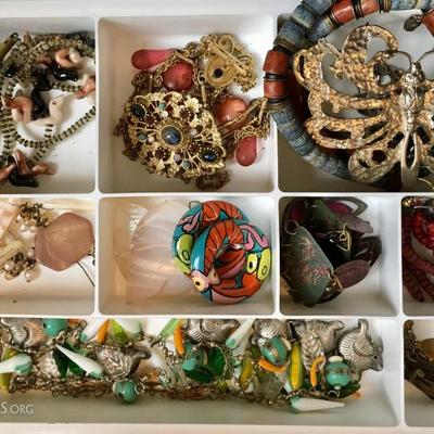 Vintage bohemian jewelry -- assorted earrings (clips and pierced), brooches, necklaces, statement pieces, bracelets and rings