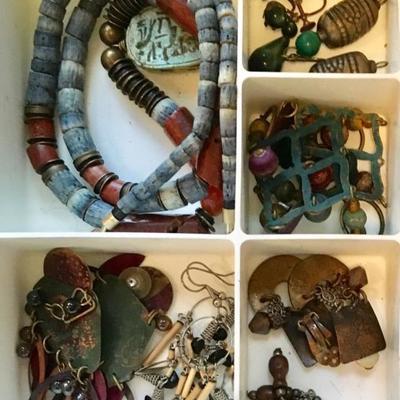 Vintage bohemian jewelry -- assorted earrings (clips and pierced), brooches, necklaces, statement pieces, bracelets and rings