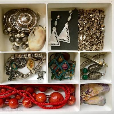 Vintage bohemian jewelry -- assorted earrings (clips and pierced), brooches, necklaces, statement pieces, bracelets and rings