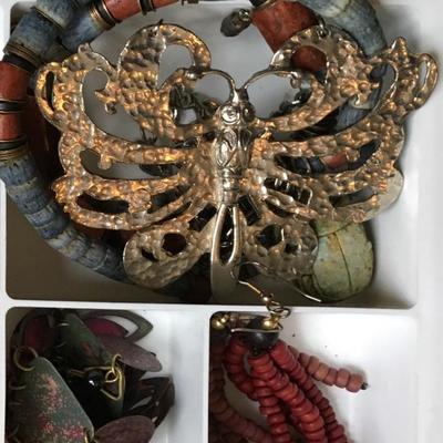 Vintage bohemian jewelry -- assorted earrings (clips and pierced), brooches, necklaces, statement pieces, bracelets and rings