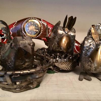 Austrailian hand painted boomerang with clock insert, metal sculpted birds