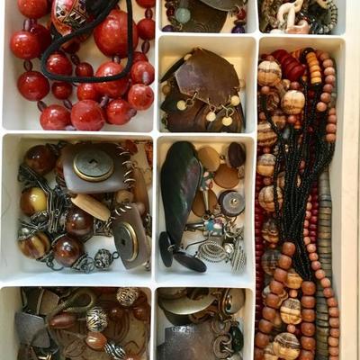 Vintage bohemian jewelry -- assorted earrings (clips and pierced), brooches, necklaces, statement pieces, bracelets and rings