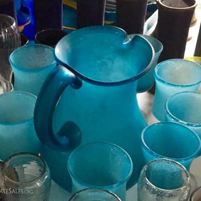 Turquoise glass pitcher with matching glass set of 8