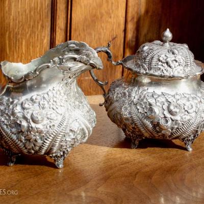 Repousse sterling cream and sugar