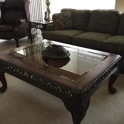 Large detailed coffee table with glass top - beautiful 