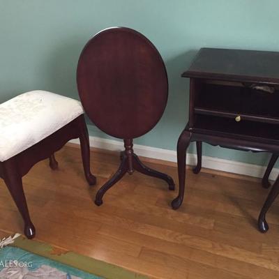 Side table, oval drop table and upholstered stool