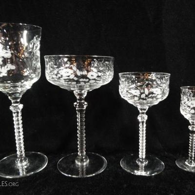 38 PIECE ANTIQUE CRYSTAL STEMWARE, ETCHED FLORAL DESIGNS, 10 WINE, 11 CHAMPAGNE OR SHERBET, 9 SHERRY, 8 CORDIAL
