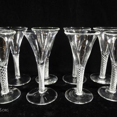 8 ANTIQUE GEORGIAN AIR TWIST WINE GLASSES, HAND BLOWN GLASS