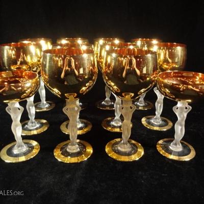 12 FRENCH BAYEL FIGURAL STEM WINE GLASSES, GOLD FINISH, 10 WINE GLASSES, 2 CHAMPAGNE