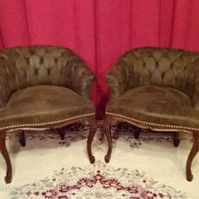 PAIR LOUIS XV STYLE ARMCHAIRS WITH TUFTED COCOA SUEDED UPHOLSTERY
