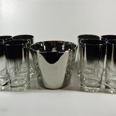9 PIECE MID CENTURY DOROTHY THORPE STYLE TUMBLERS WITH ICE BUCKET, SILVERED GLASS