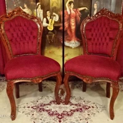 PAIR LOUIS XV STYLE CHAIRS WITH RED VELVET UPHOLSTERY