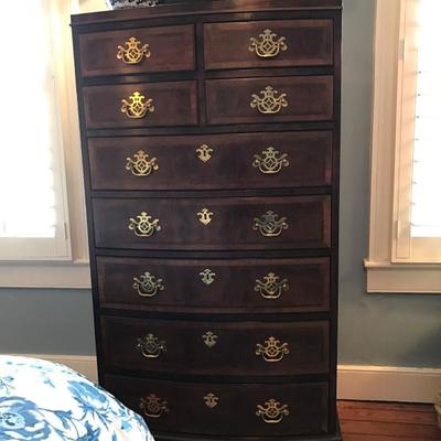 Henredon Aston Court Tall Chest Dresser. Slightly bowed front, Chippendale style base. Nine banded drawers with brass pulls. 56' h x 30'...