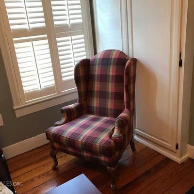 Plaid Wing Back Queen Anne Chair