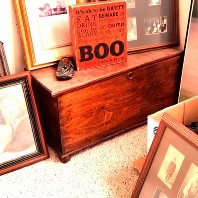 Photos and frames, antique chest
