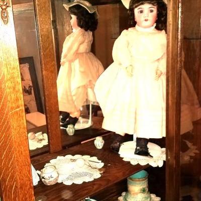 Antique doll, doilies, cut to clear cups, collectibles
