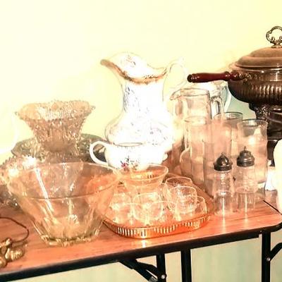 Glassware, pitcher, silver plate
