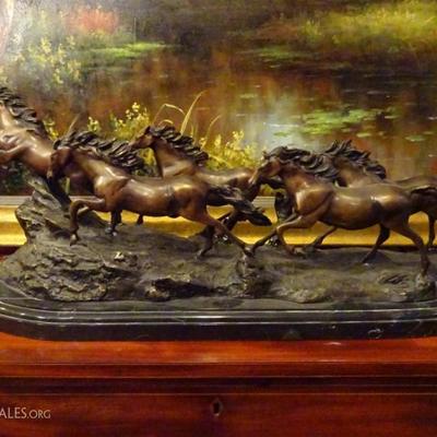 LARGE BRONZE SCULPTURE, 5 HORSES, ON MARBLE BASE