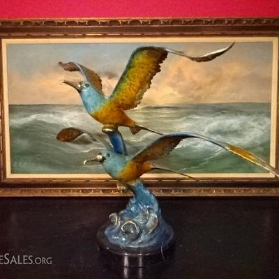 LARGE BRONZE SCULPTURE, 2 SEAGULLS ON MARBLE BASE