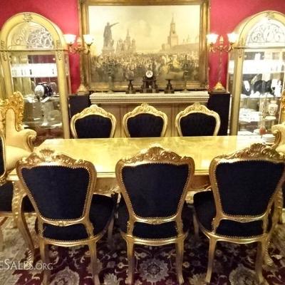 9 PIECE ROCOCO GOLD GILT WOOD DINING TABLE WITH 8 BLACK VELVET CHAIRS