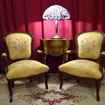 PAIR LOUIS XV STYLE FAUTEUIL ARM CHAIRS WITH EMBROIDERED SEATS AND BACKS