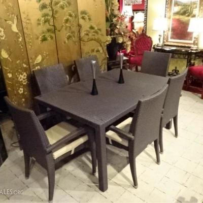 JAAVAN 7 PIECE DINING TABLE WITH 6 CHAIRS IN FAUX WICKER, USED ONLY INDOORS