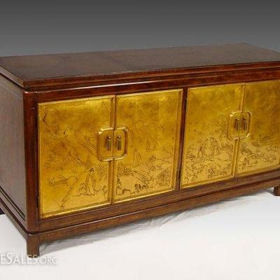 THOMASVILLE MYSTIQUE ASIAN CREDENZA WITH ETCHED DESIGNS ON GOLD PANELS