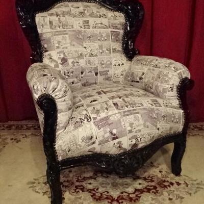 LOUIS XIV STYLE ARMCHAIR WITH LEATHER UPHOLSTERY IN WHIMSICAL DONALD DUCK COMIC STRIP PRINT