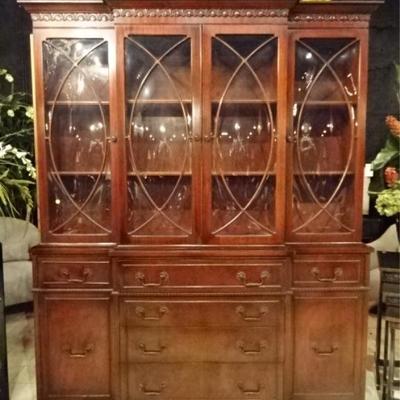 VINTAGE MAHOGANY BUBBLE GLASS BREAKFRONT WITH BUTLER'S DESK
