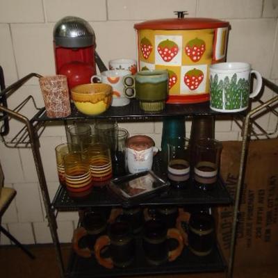 Mid Century kitchen items and cart.