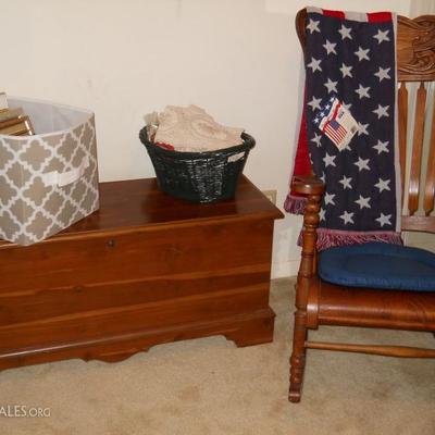 Lane cedar chest, linens, picture frames, vintage pressed back oak rocker, etc.