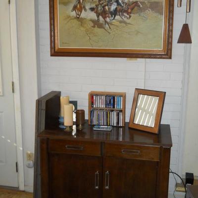 cabinet w/ expanding leaves, framed art, etc.