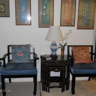 Oriental style arm chairs, black lacquer nesting tables, etc.