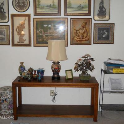 sofa table, framed Oriental art, cloisonne', jade tree, etc.