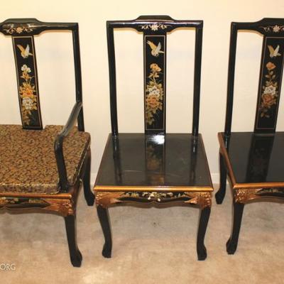 Set of three black lacquered hand painted chairs
