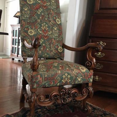 Antique High Back Carved Frame Arm Chair
