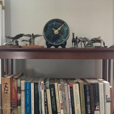 Book Shelves, Books, Studio Pottery Clock, Pewter Figurines
